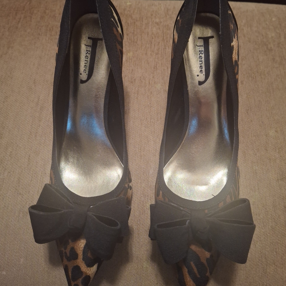 J.Renee Leopard Print Pointed Toe Heels with Black Bow Accent